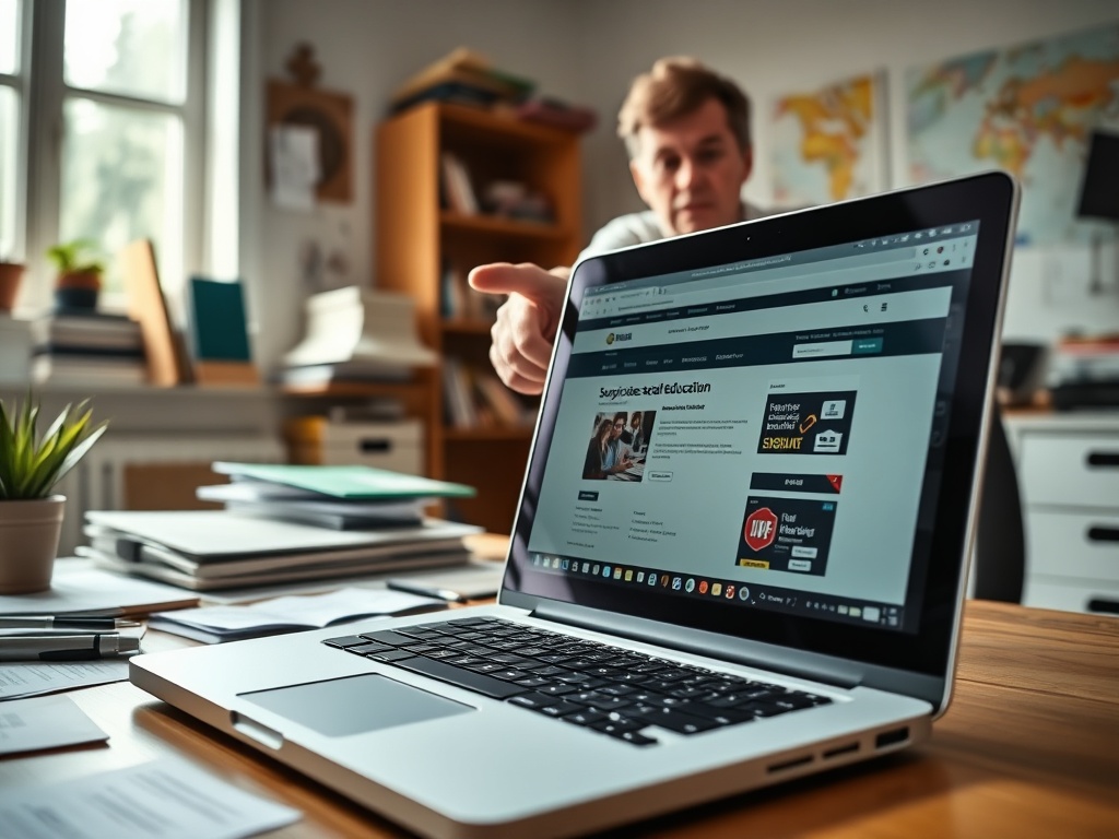 На изображении мужчина указывает на экран ноутбука с веб-сайтом, окружённый предметами офисного стиля.