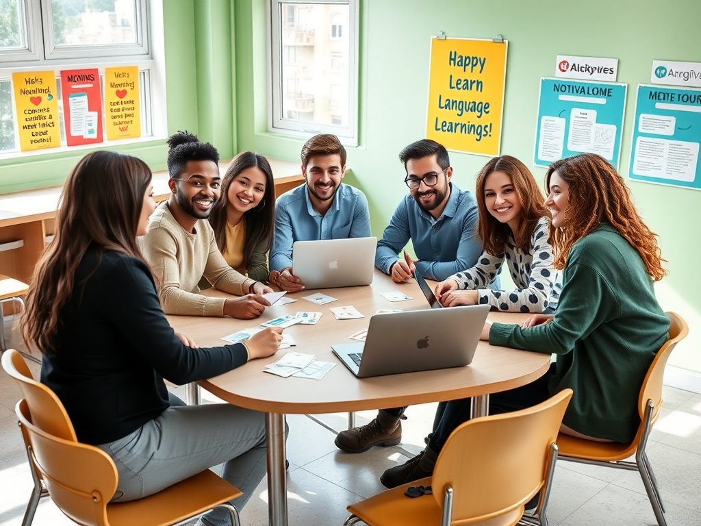 Группа людей за столом обсуждает языковое обучение, улыбаются и работают на ноутбуках.