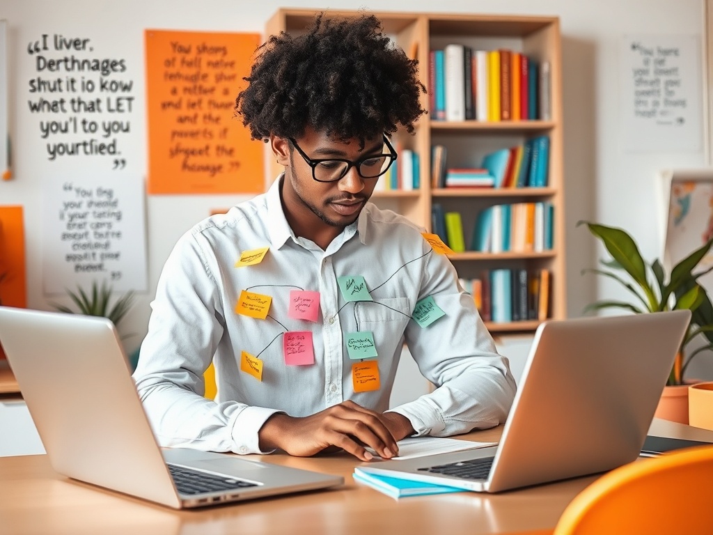 Молодой человек с завитыми волосами работает за столом, окружённый ноутбуками и заметками.