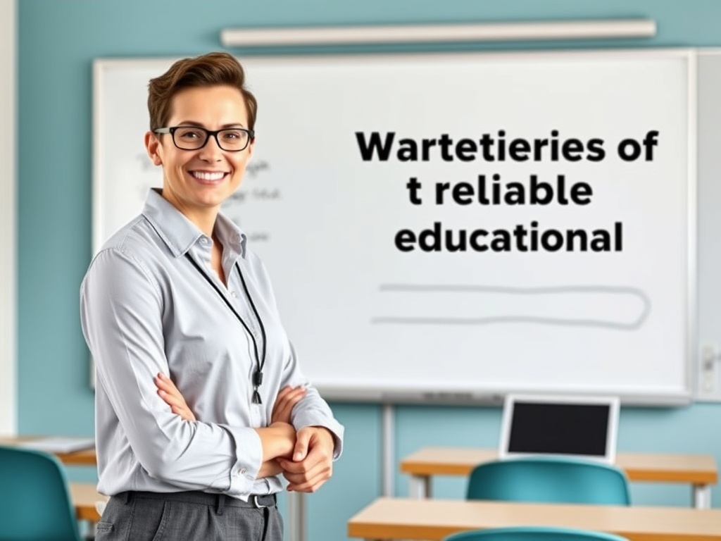 На изображении улыбающаяся женщина-учитель на фоне учебного класса с доской и партами.