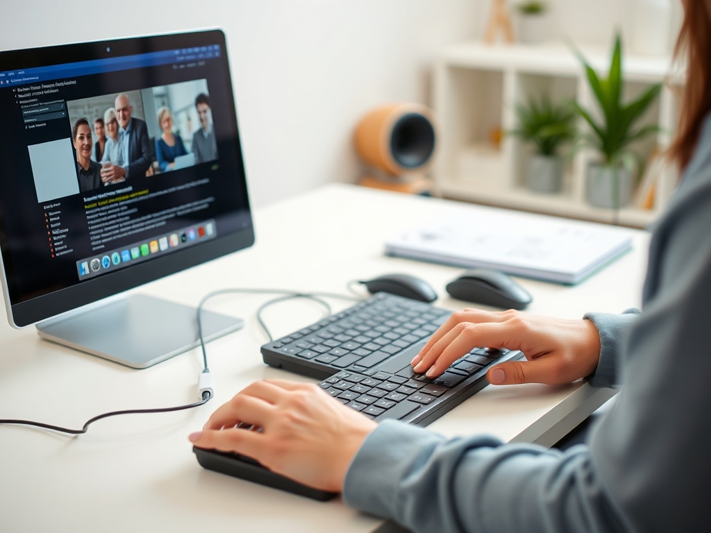 На столе стоит компьютер, рядом клавиатура и мышь. На экране видно видео с группой людей.