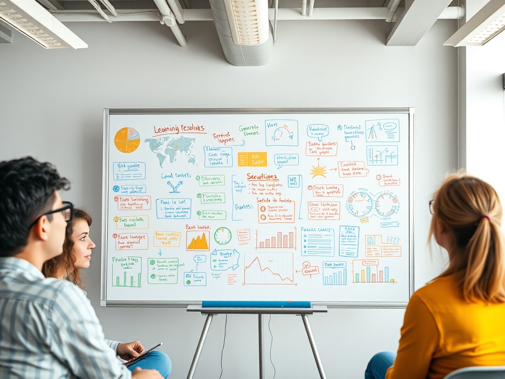 Группа людей обсуждает диаграммы и заметки на белой доске в современном офисе.