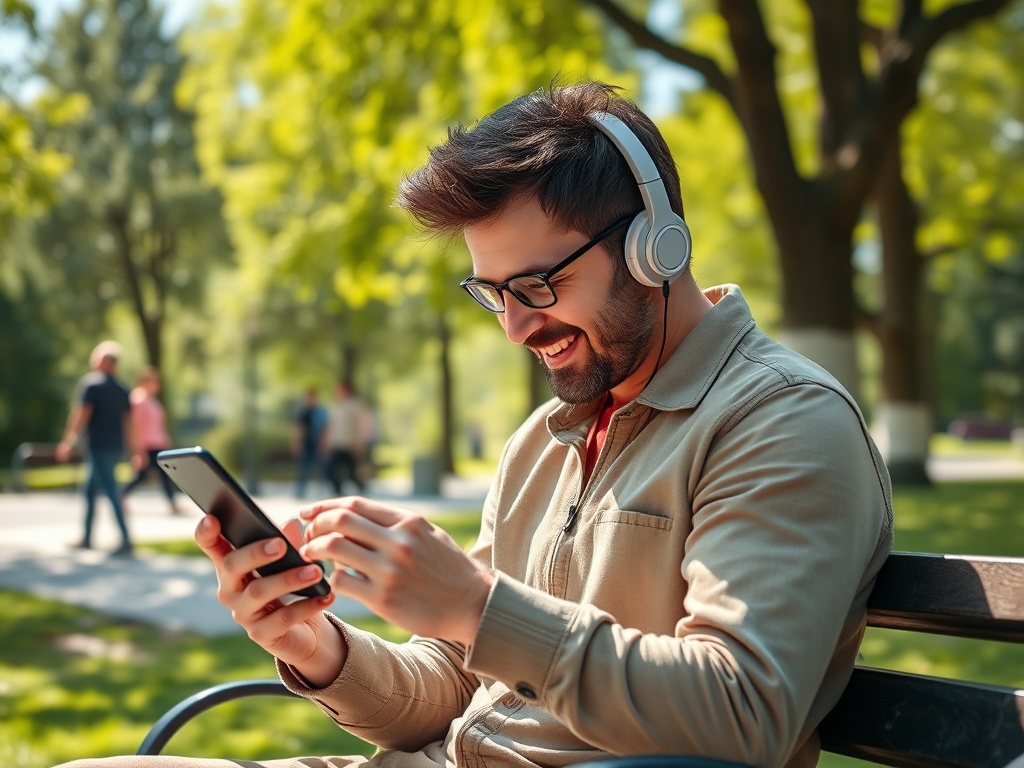 Молодой человек в наушниках улыбаясь смотрит на телефон в парке на фоне зелёных деревьев.