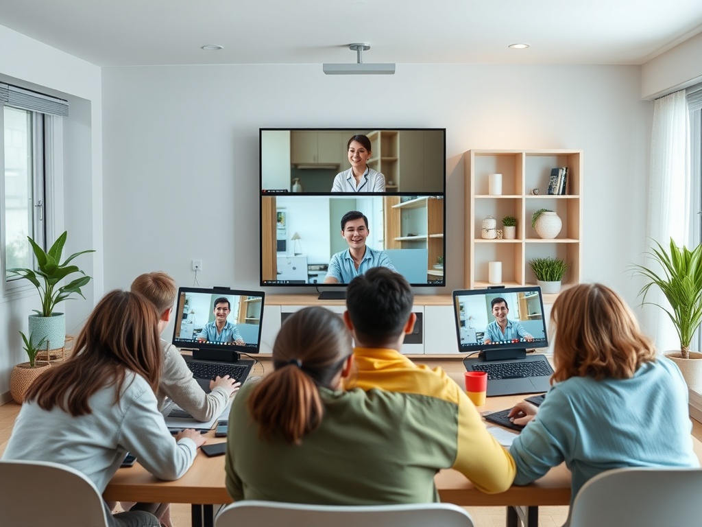 Группа людей за столом на видеоконференции, общаясь через несколько экранов. В комнате светло и уютно.
