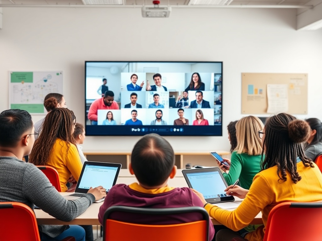 Группа людей на встрече, некоторые из них видны на экране, все с устройствами в руках.