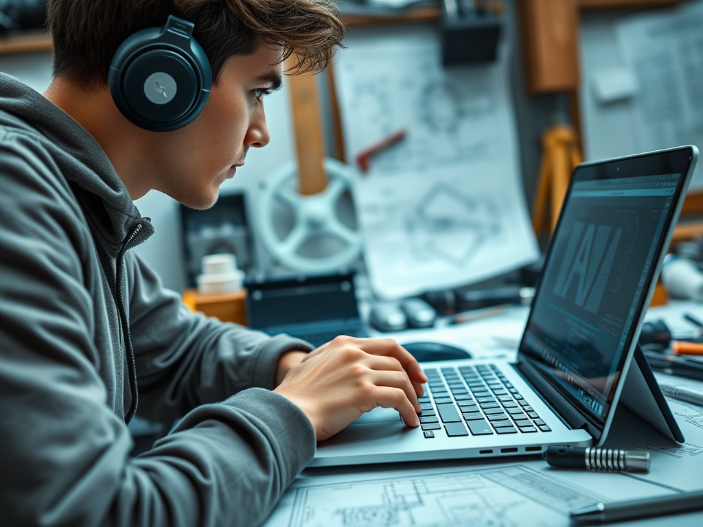 Молодой человек в наушниках работает за ноутбуком, окружённый чертежами и инструментами.