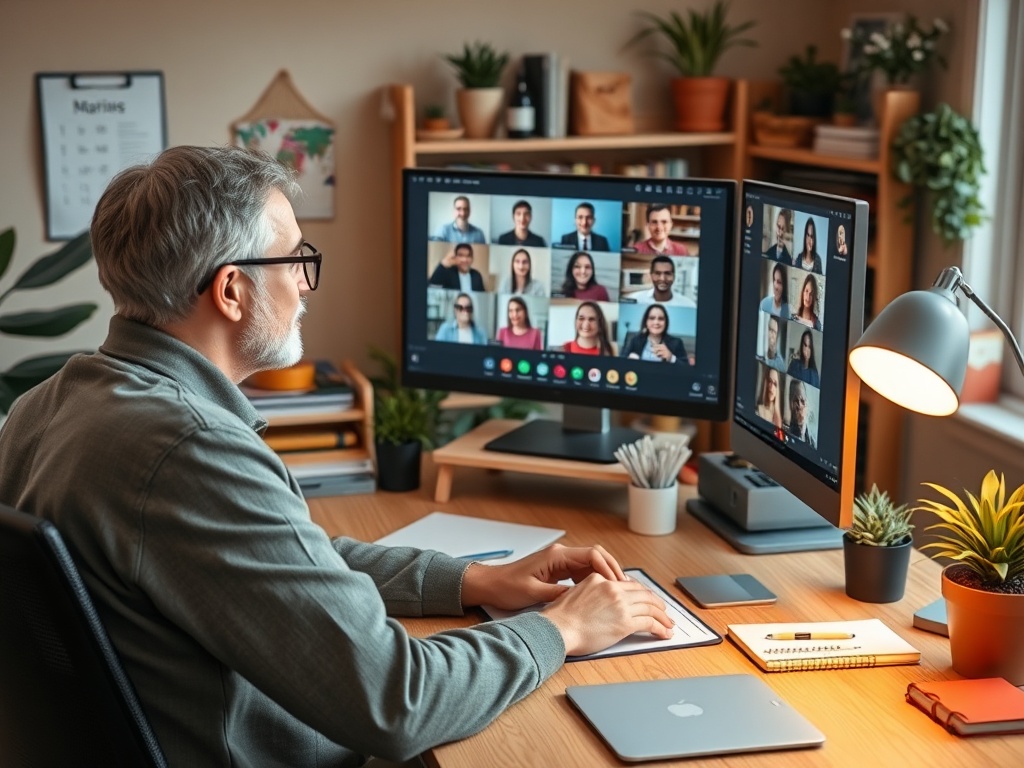 Пожилой мужчина работает за столом, участвуя в видеозвонке с несколькими участниками на двух экранах.