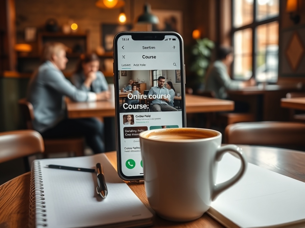На столе кружка кофе и телефон с экраном онлайн-курса, на заднем фоне люди общаются в кафе.