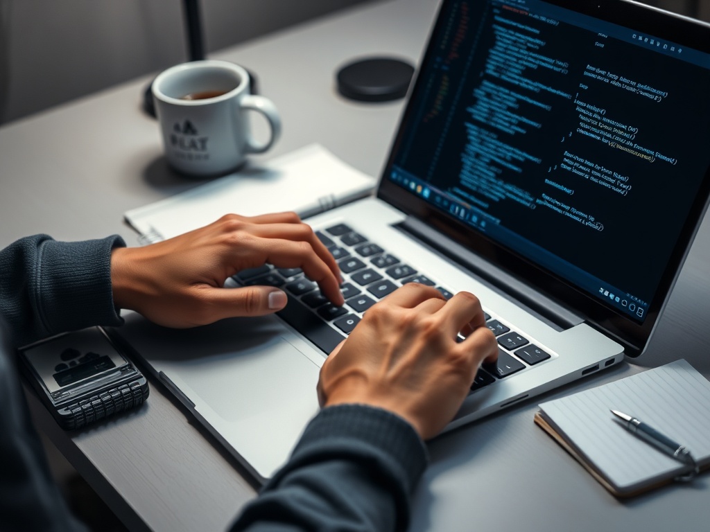 Человек печатает код на ноутбуке, рядом чашка кофе и блокнот. Процесс работы и творчества.