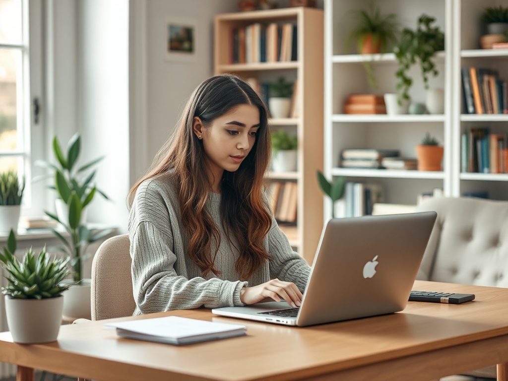Девушка сидит за столом с ноутбуком, окружённая растениями и книгами, сосредоточенно работает.