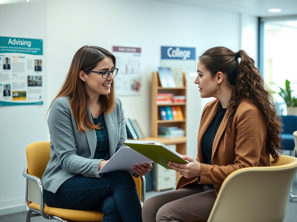 Две женщины обсуждают документы в офисе, один из которых - образовательный консультант.