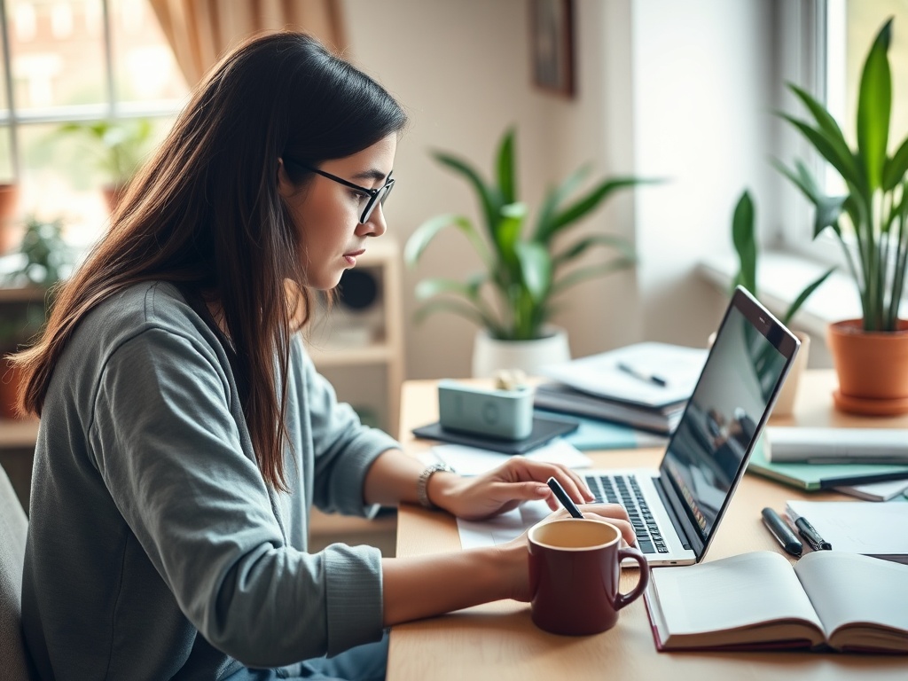 Молодая женщина с длинными волосами работает за компьютером, держа в руках чашку с кофе. На столе заметны книги и растения.
