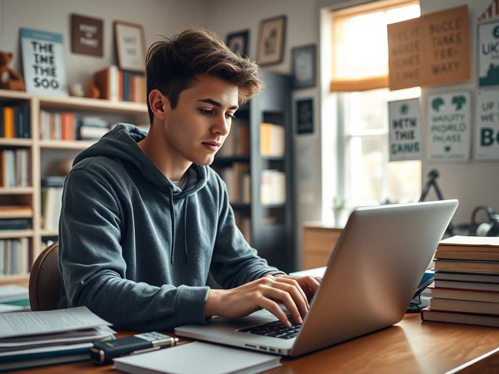 Молодой человек в сером худи работает за ноутбуком в уютной библиотеке с полками книг.