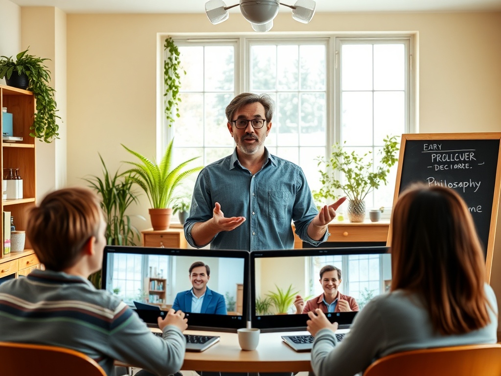 Преподаватель проводит онлайн-урок философии, студенты слушают и смотрят на экраны компьютеров.