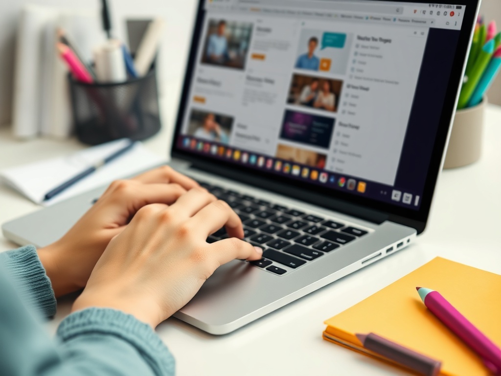 Человек печатает на ноутбуке, экран показывает обучающие материалы. На столе расположены блокнот и канцелярские принадлежности.