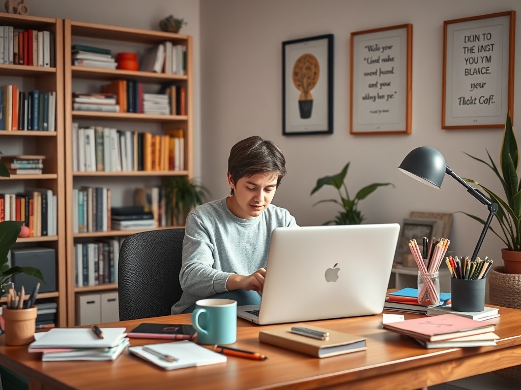 На изображении молодой человек работает за компьютером в уютном офисе с книжными полками и канцелярией.