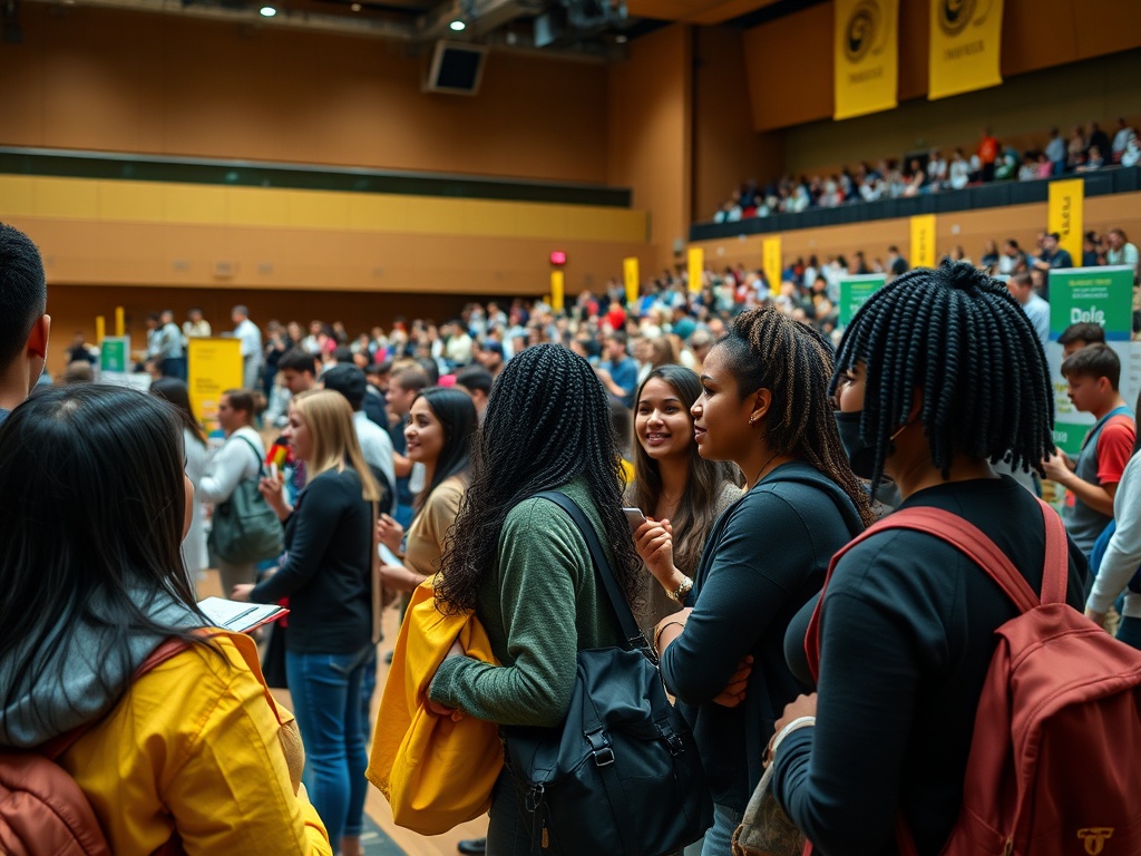 Сцена с группой студентов, разговаривающих на мероприятии в большом зале с множеством зрителей.