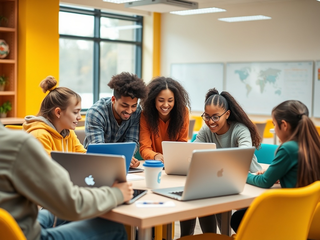 Группа студентов работает за компьютерами в классе, улыбаются и обсуждают свою работу.