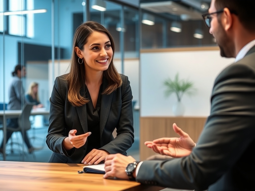 Женщина в деловом костюме ведет беседу с мужчиной в офисе, оба выглядят заинтересованными и engaged.