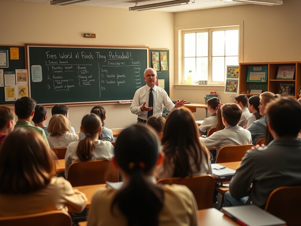 Учитель объясняет материал группе учеников в классе, у доски с информацией и учебными материалами.