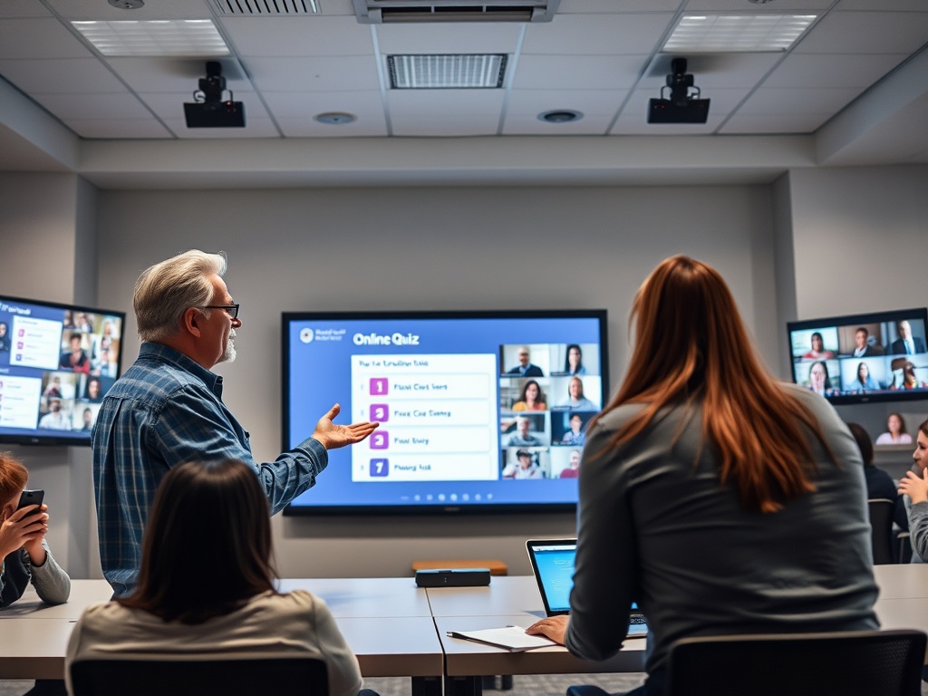 На онлайн-лекции преподаватель объясняет задание, студенты участвуют в викторине.