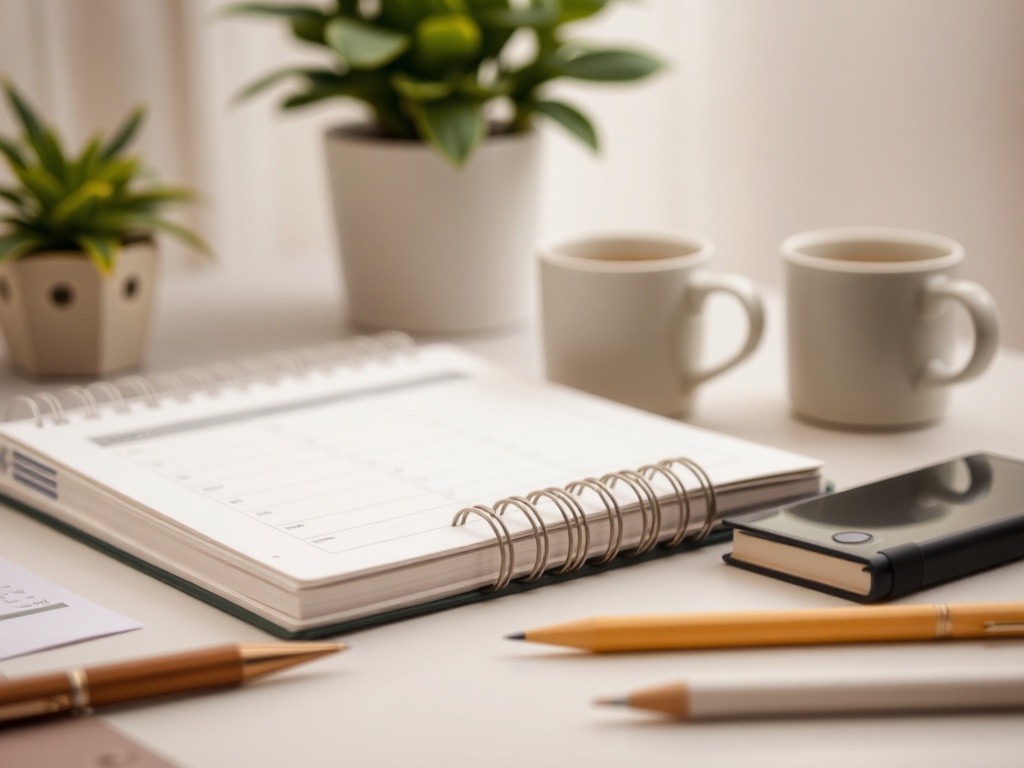 На столе лежит блокнот, ручки, телефон и две чашки с растениями на фоне.
