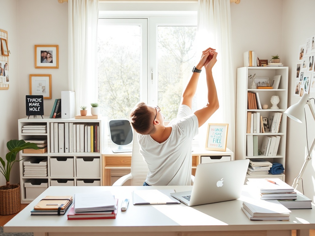 Человек в офисе тянет руки к потолку, сидя за столом у окна, окружённый книгами и растениями.