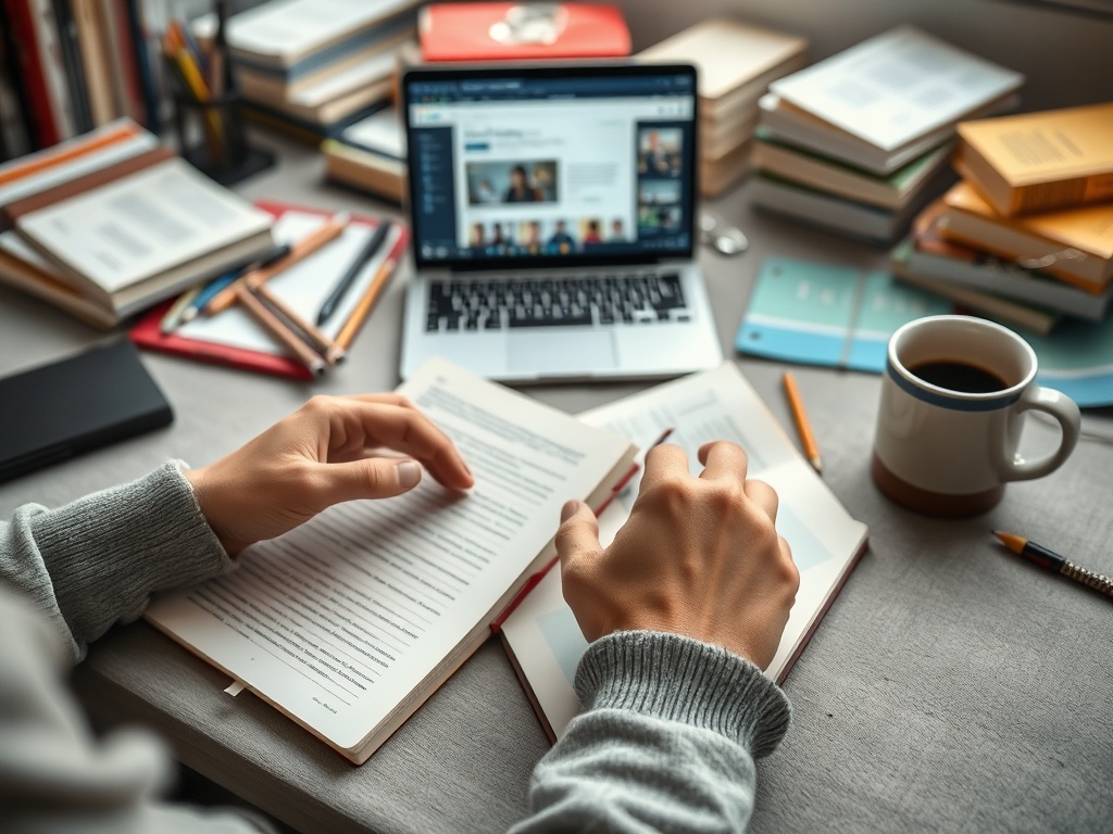 На столе лежит открытая книга, ноутбук, чашка кофе и канцелярские принадлежности. Человек читает.