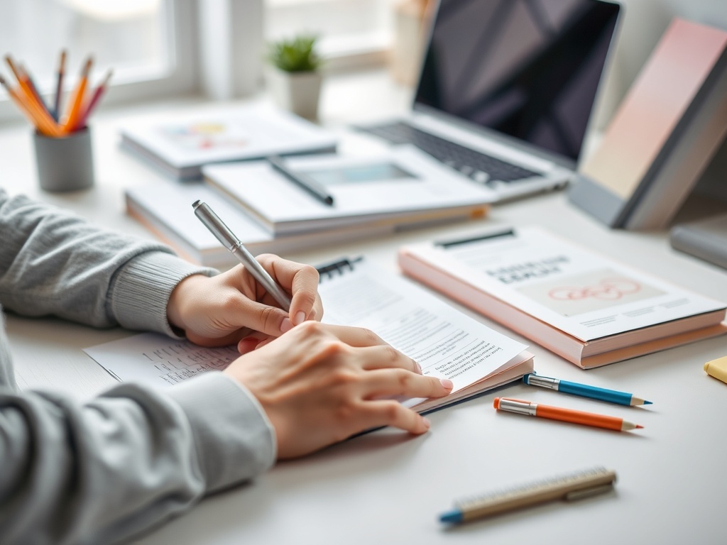 Человек пишет на бумаге, окружённый книгами, ручками и ноутбуком на рабочем столе.