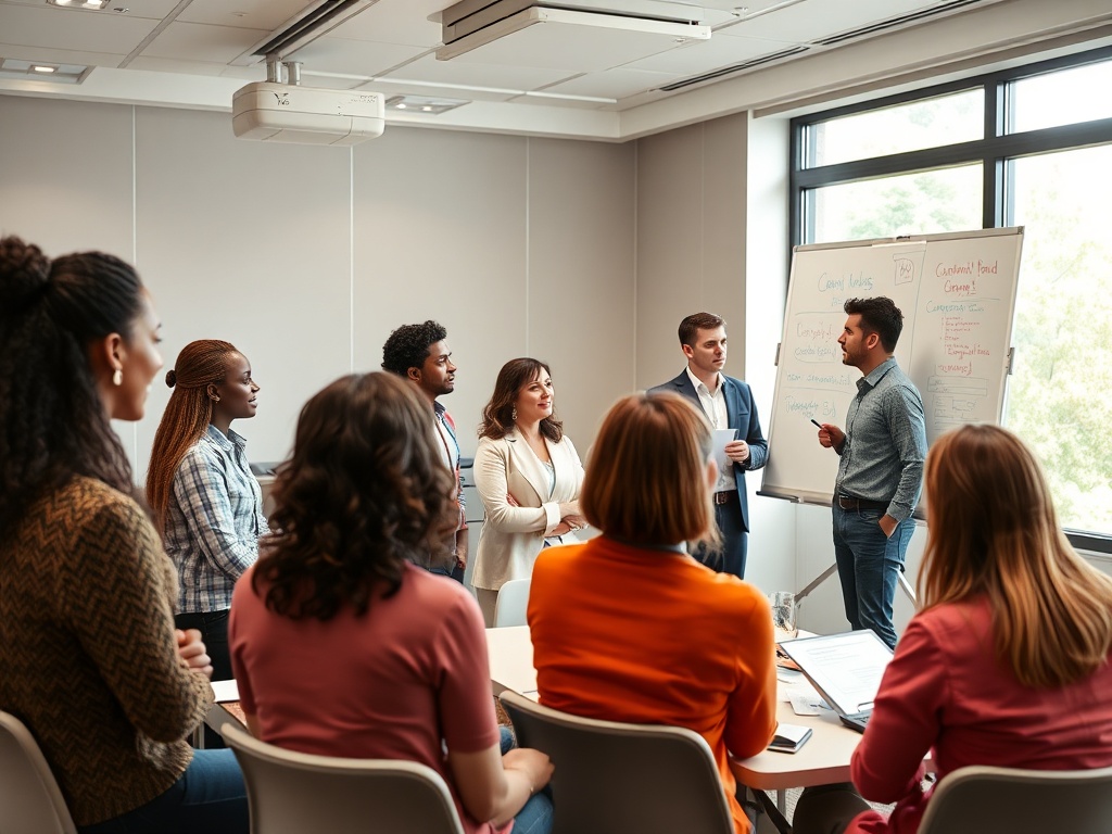 Группа людей на встрече обсуждает идеи, работа идет у доски с заметками и графиками.