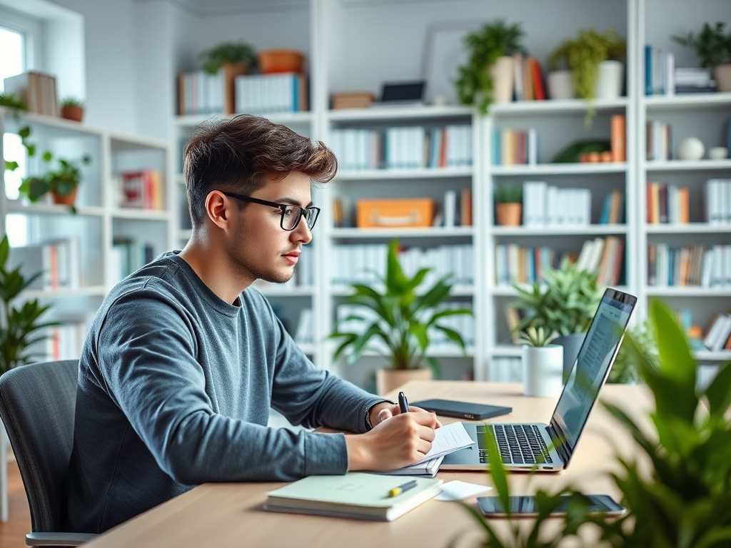 Молодой человек за столом, работает на ноутбуке, записывает заметки, окружённый зелёными растениями.