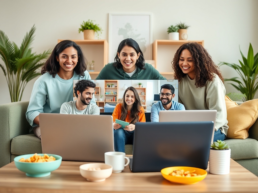 Группа друзей, улыбающихся и смотрящих на экраны ноутбуков в уютной комнате с растениями.
