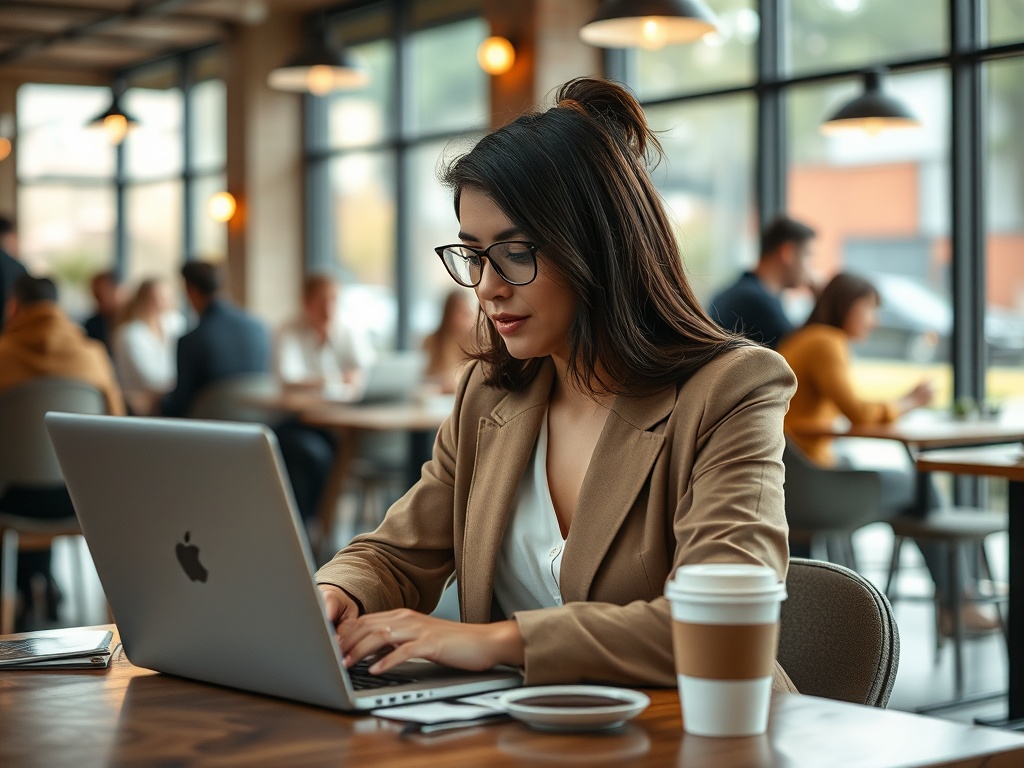 Женщина в очках работает за ноутбуком в кафе, вокруг нее много людей, на столе кофе.