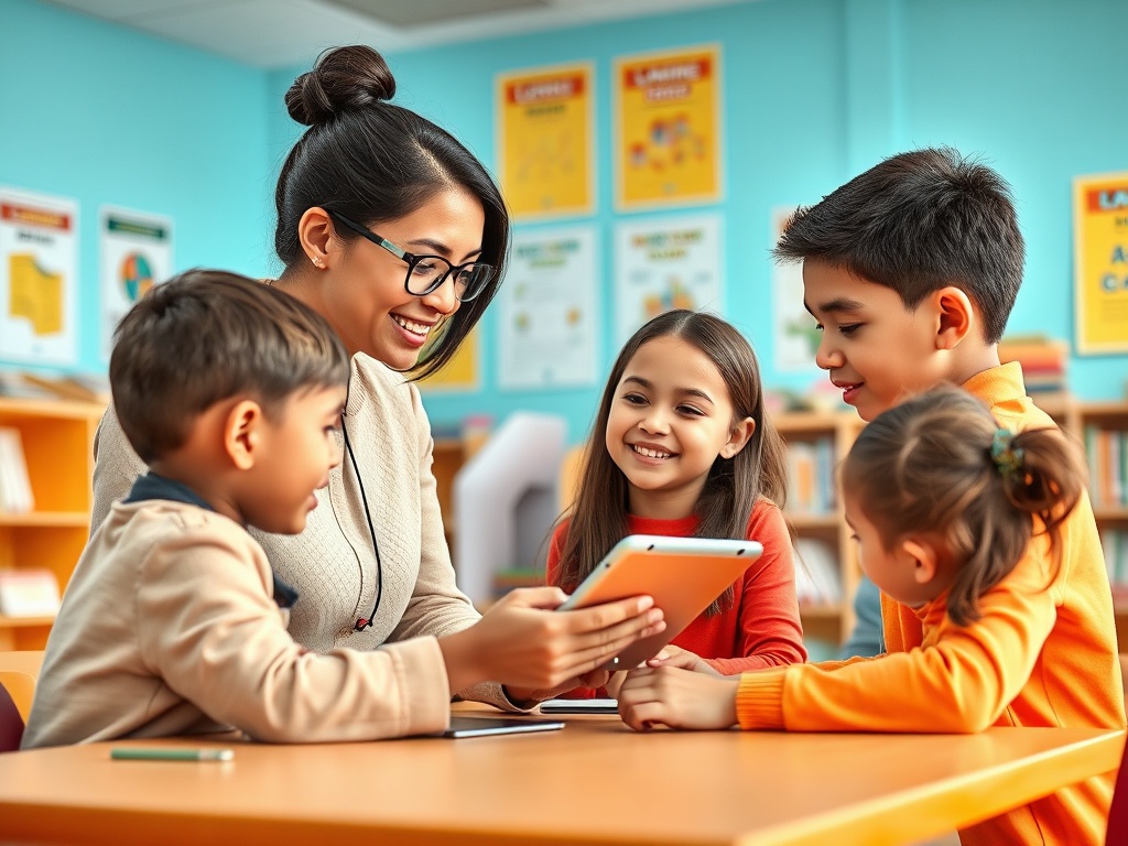На картине женщина показывает планшет группе детей в классе, все улыбаются и внимательно слушают.