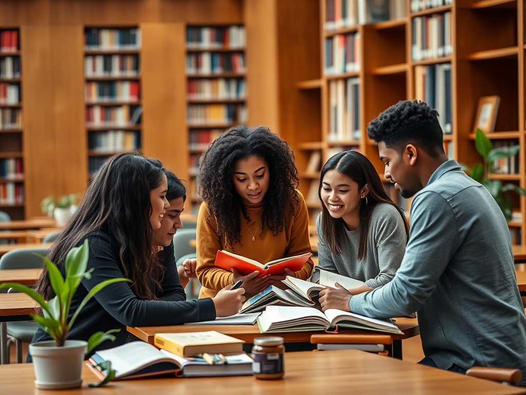 Группа студентов занимается учебой в библиотеке, обсуждая книги и делясь своими мыслями.