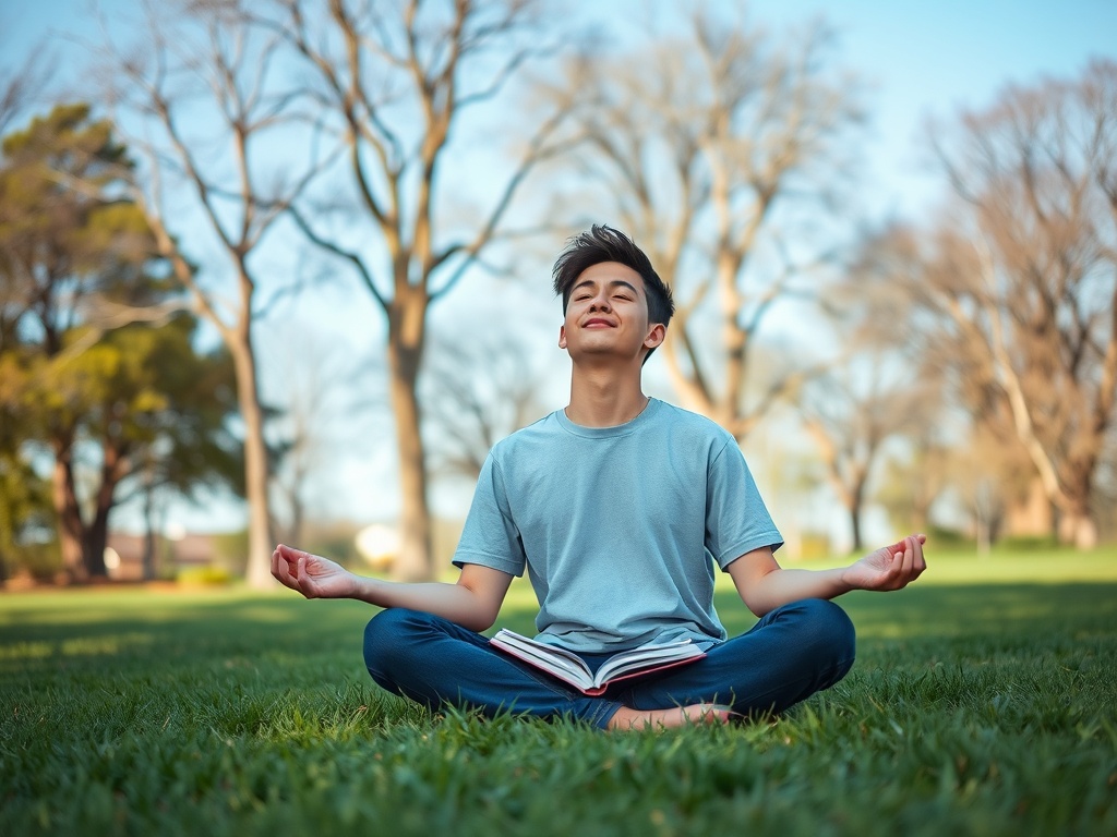 Молодой человек медитирует на траве в парке, наслаждаясь природой и спокойствием.