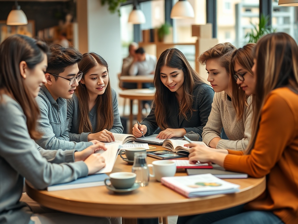 Группа молодых людей изучает материалы в кафе, обсуждая и делясь знаниями за круглым столом.