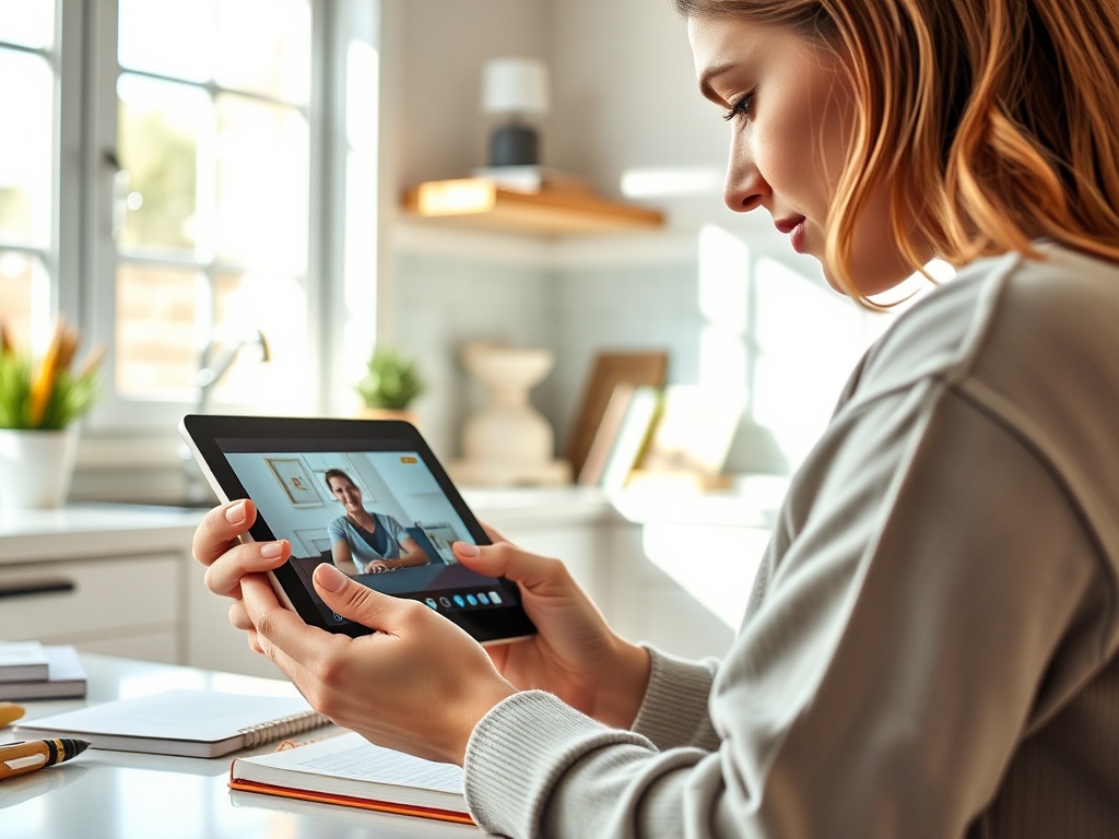 Женщина смотрит на планшет, общаясь по видеосвязи. На заднем плане светлая кухня с зелеными растениями.