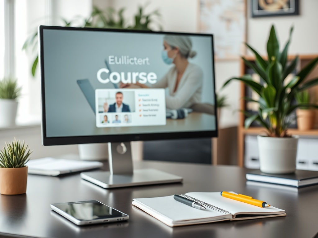 На столе современный монитор с курсом, ноутбук и канцелярские принадлежности в уютном офисе.