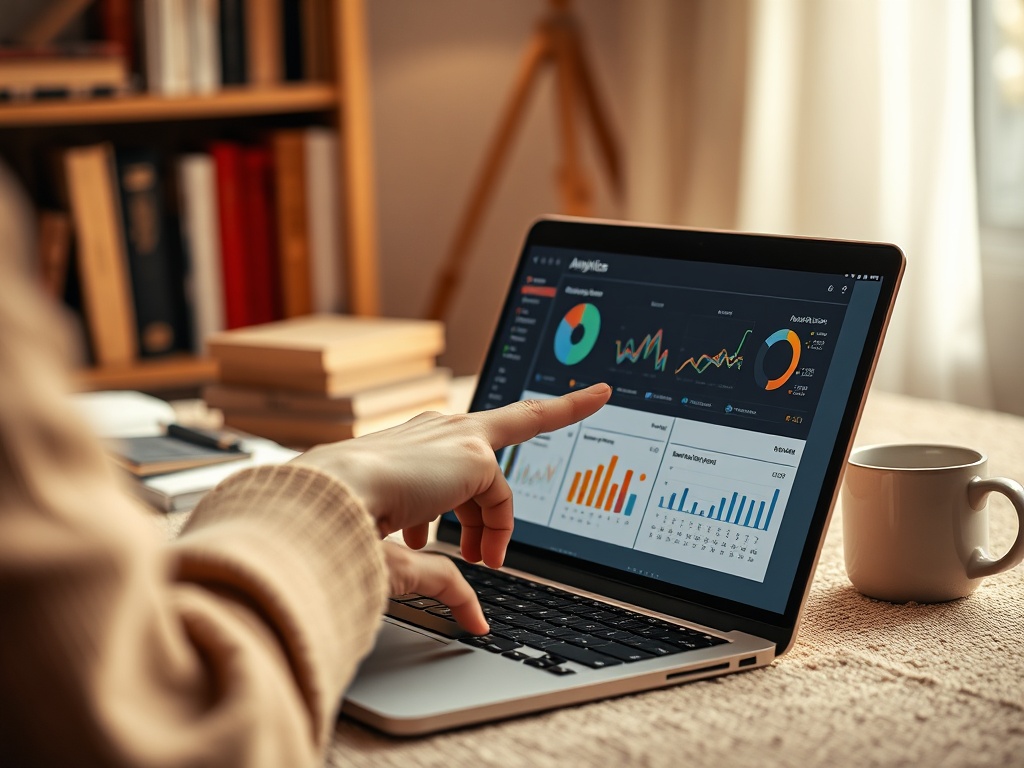 Человек использует ноутбук для анализа данных. На экране графики и таблицы, рядом чашка с кофе.