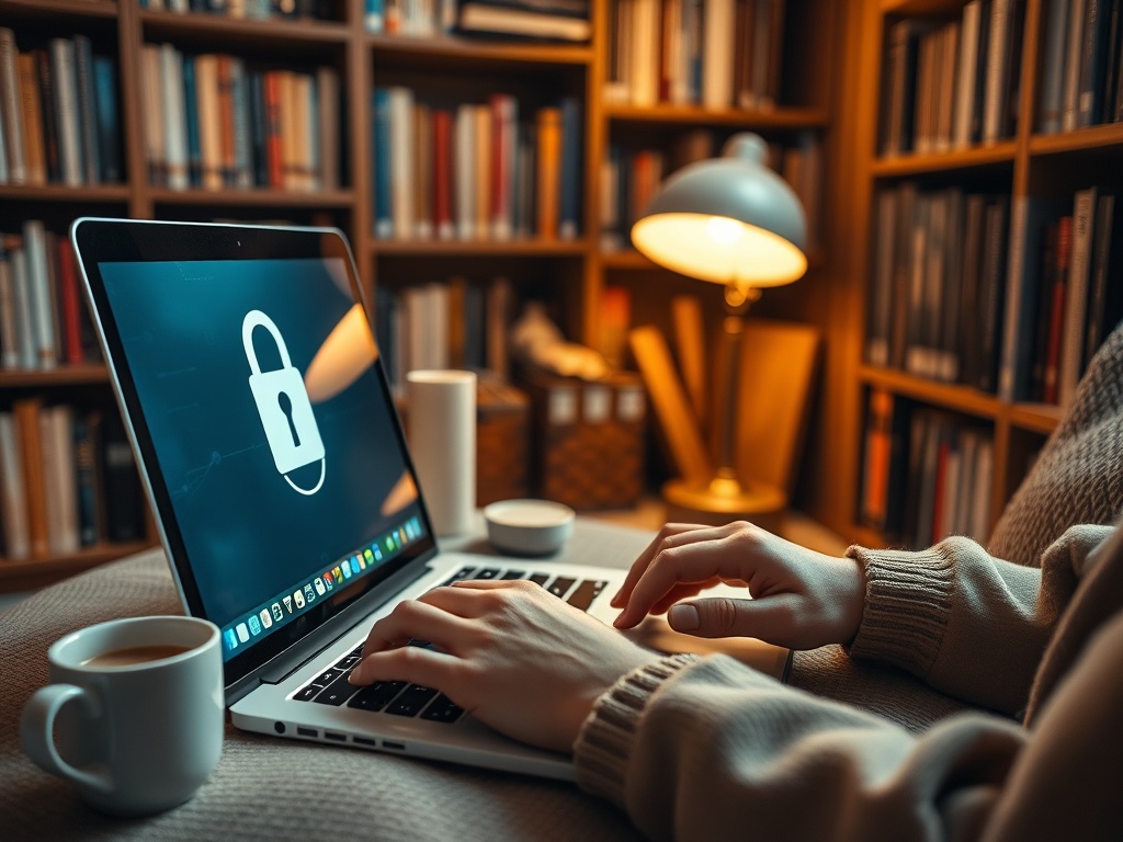 Человек печатает на ноутбуке, на экране изображён замок. Вокруг стол, чашка кофе и книга. Тёплый свет.