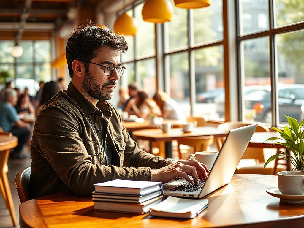 Молодой человек работает за ноутбуком в кафе. На столе лежат блокнот и две чашки кофе.