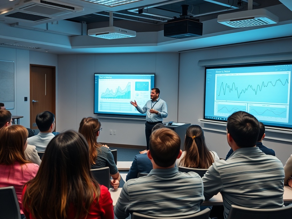 В группе слушателей проходит презентация, на экранах отображаются графики и диаграммы.