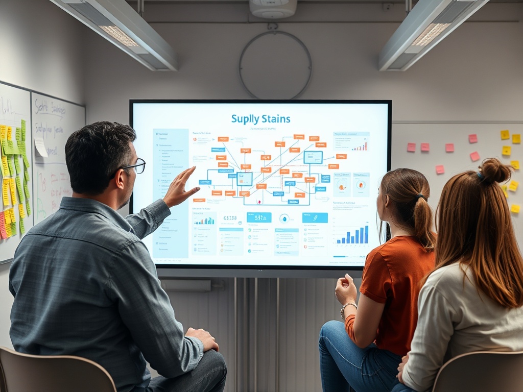 На изображении человек объясняет диаграммы и графики аудитории на презентации в офисе.