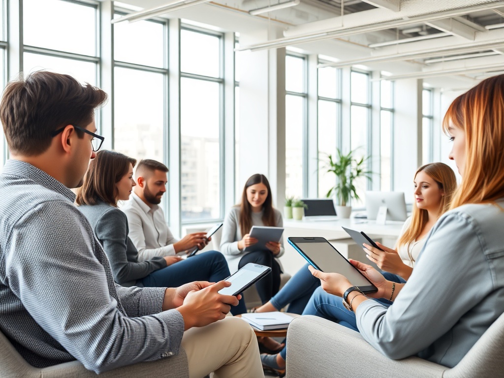 Группа людей в офисе использует планшеты и смартфоны. Большие окна с видом на город.
