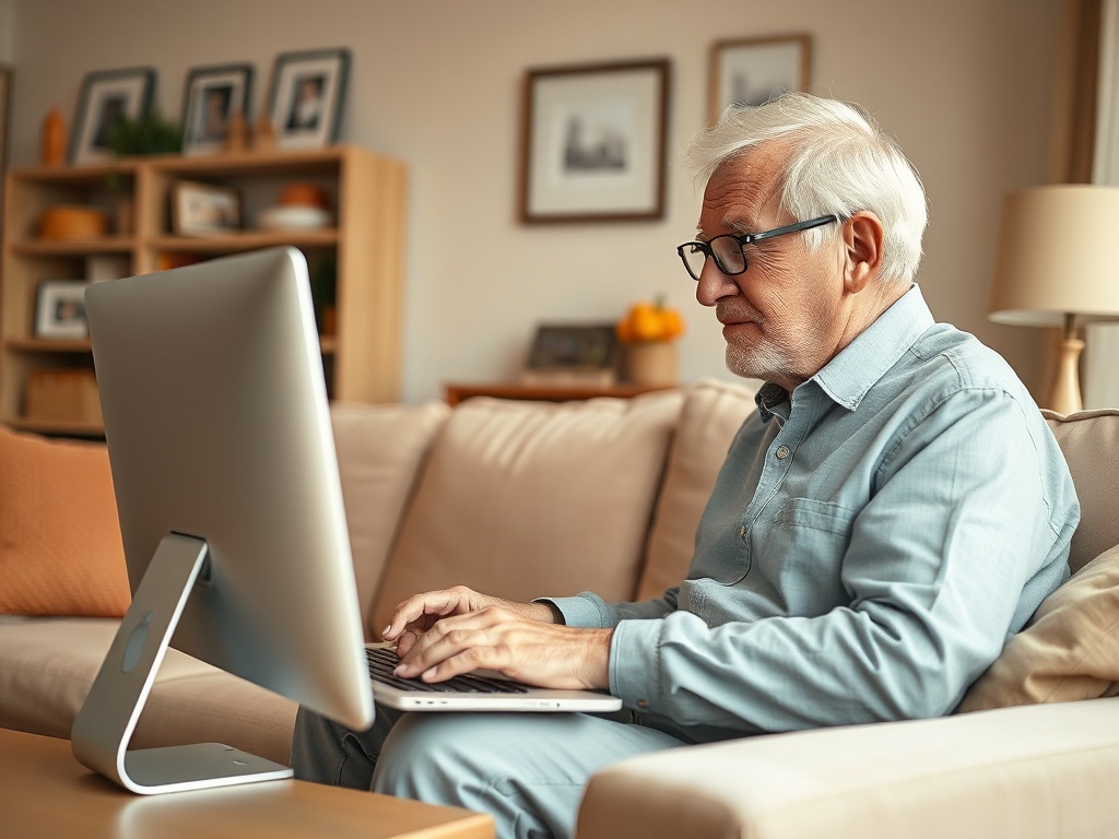 Пожилой мужчина работает за компьютером, сидя на диване в уютной комнате с мягким светом.
