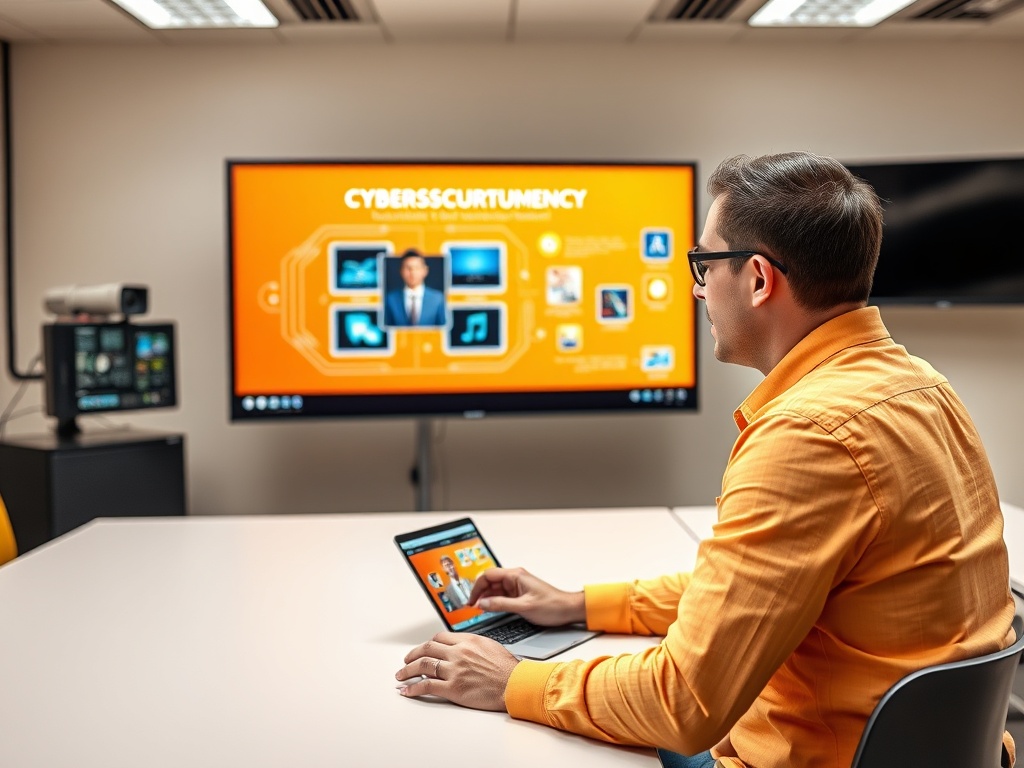 На изображении мужчина в оранжевой рубашке использует планшет, сидя перед экраном с информацией о кибербезопасности.