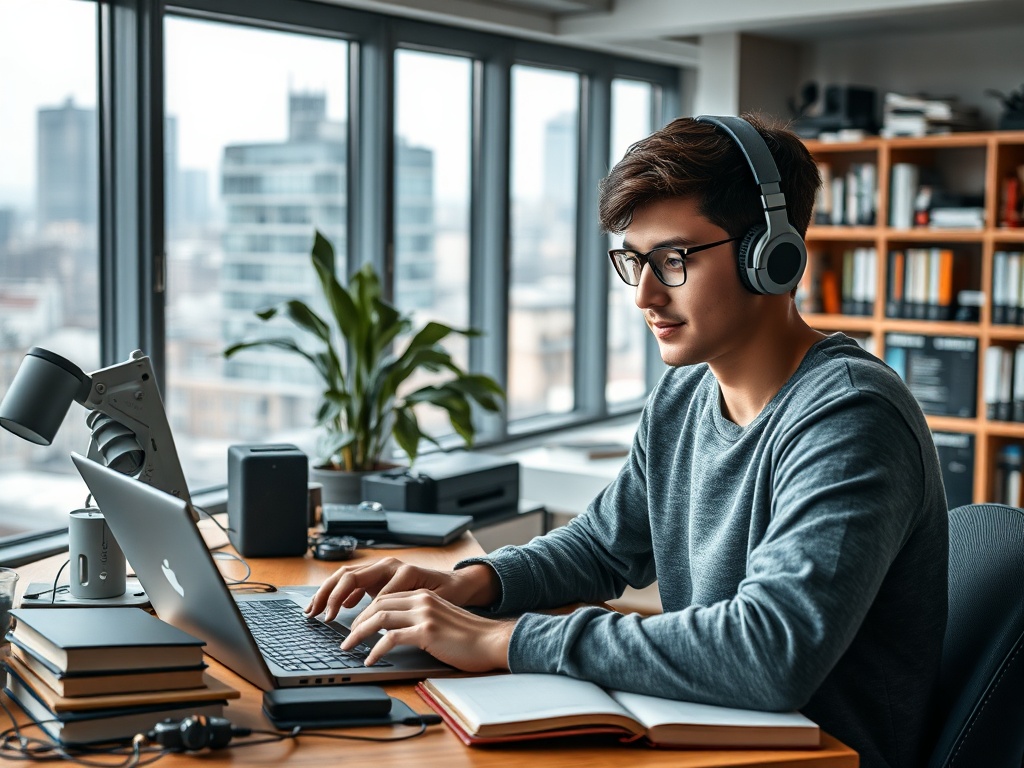 Молодой человек в наушниках работает за компьютером в светлом офисе с большим окном и растениями.