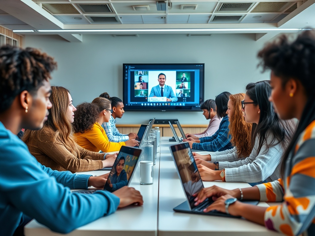 Группа людей работает за ноутбуками во время видеоконференции в конференц-зале.