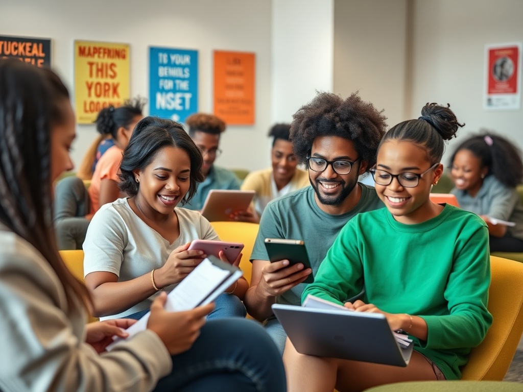 Группа молодых людей сидит на диванах и использует разные гаджеты, общаясь друг с другом.